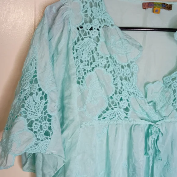 Aqua Crochet-Trim Women's Peasant Tunic - Lightweight Summer Top - Picture 4 of 4